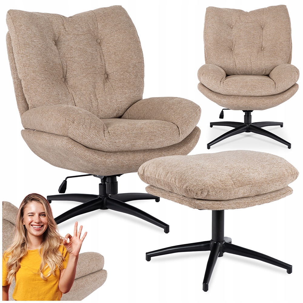 Otočné křeslo s podnožkou, čalouněné béžovou barvou Fremont