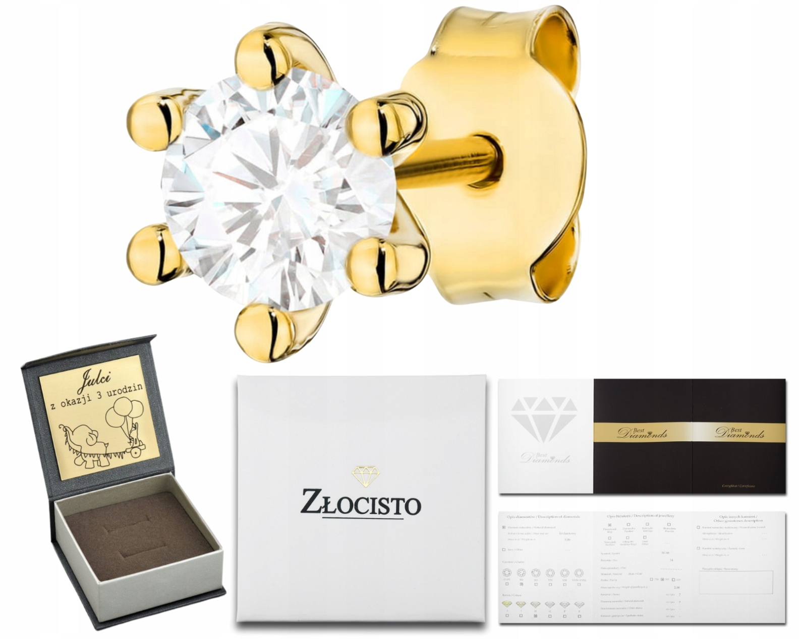 Zlatý Náušník S Laboratorním Diamantem, Klasická Tyčinka 1 Kus Helix