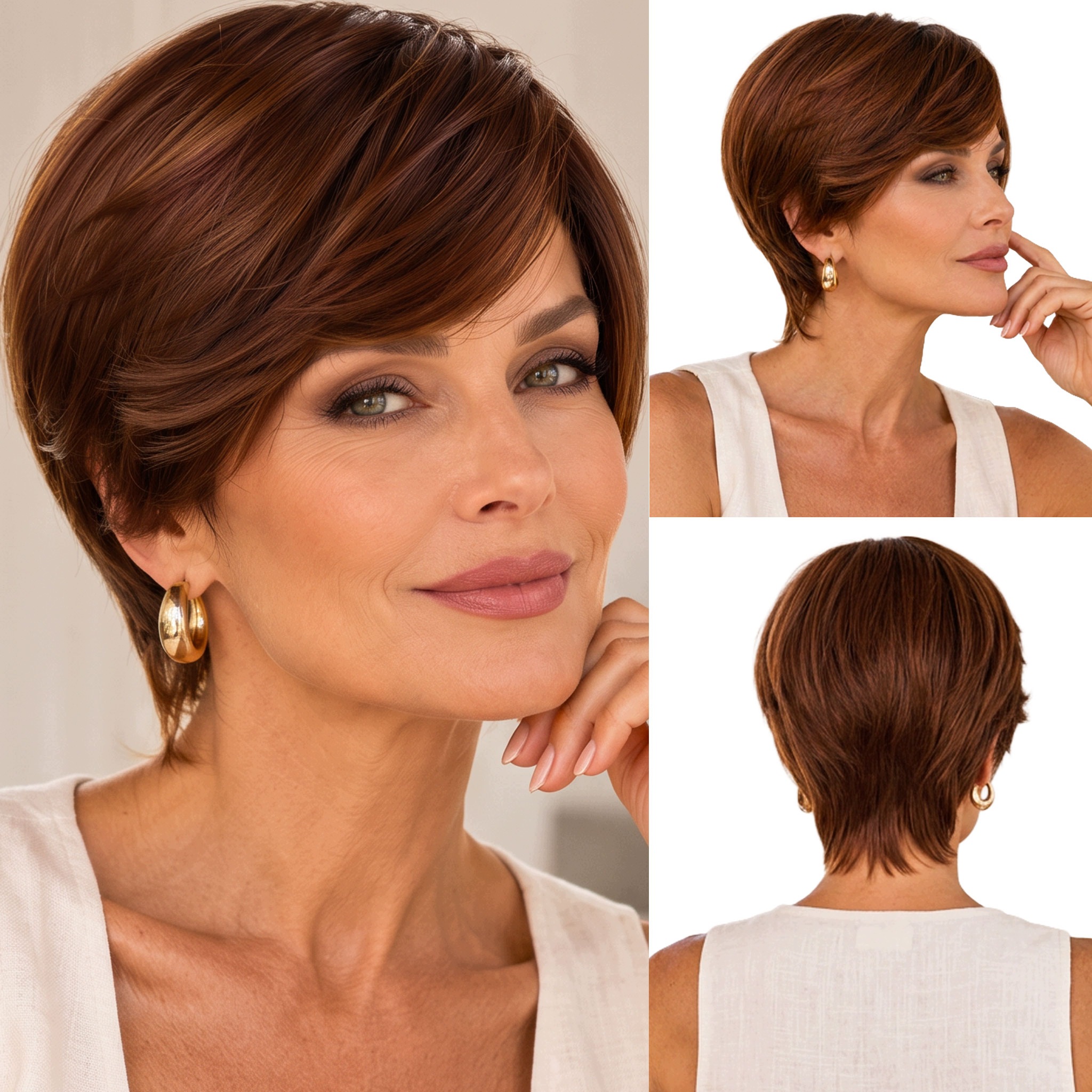 Peruka Syntetyczna Pixie cut krótka Skin Top kasztanowy brąz z odrostem