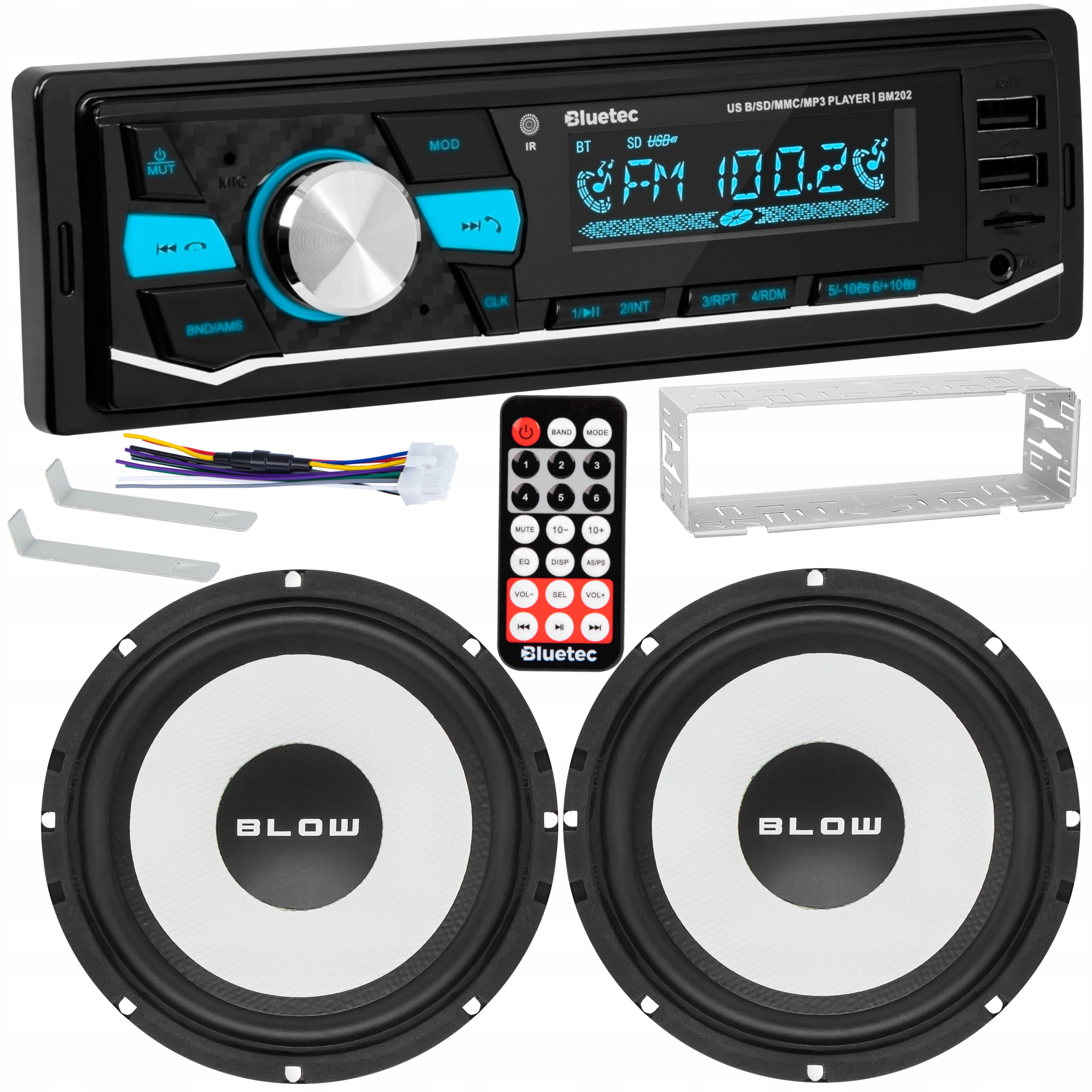 Radio Samochodowe Bt Bluetooth 2x Głośniki 16,5CM 165MM 6,5'' Zestaw