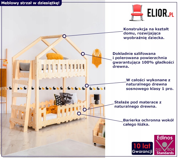 ŁÓŻKO DREWNIANE PIĘTROWE Z DRABINKĄ BARIERKI DOMEK Kod producenta ZIPPO B