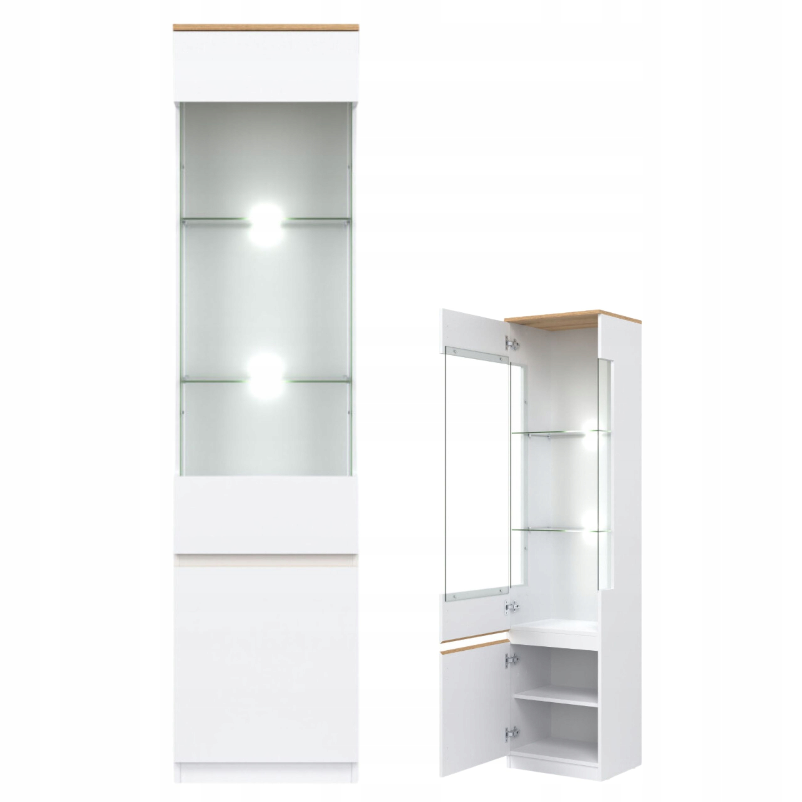 Witryna Biała ze Szklanymi Drzwiami L/P Oświetleniem Led Mat Dąb Evoke
