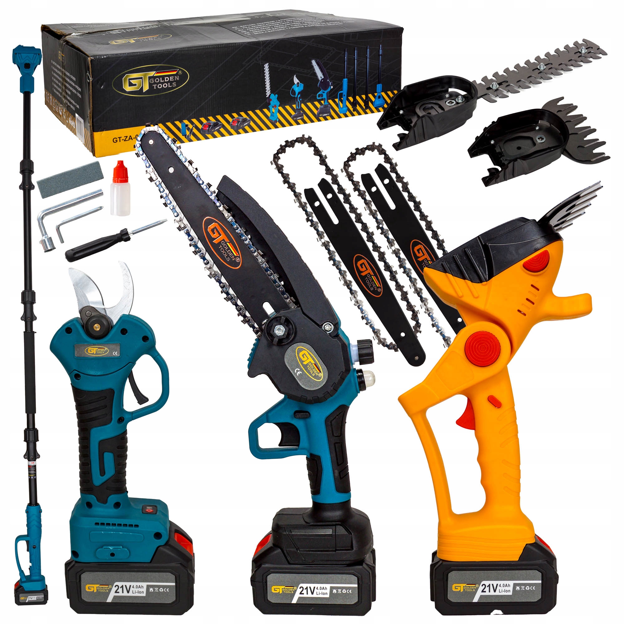 Zestaw 4W1 Piła Sekator Nożyce Wysięgnik 2M 2X Aku 21V 4A GT-ZA-0053