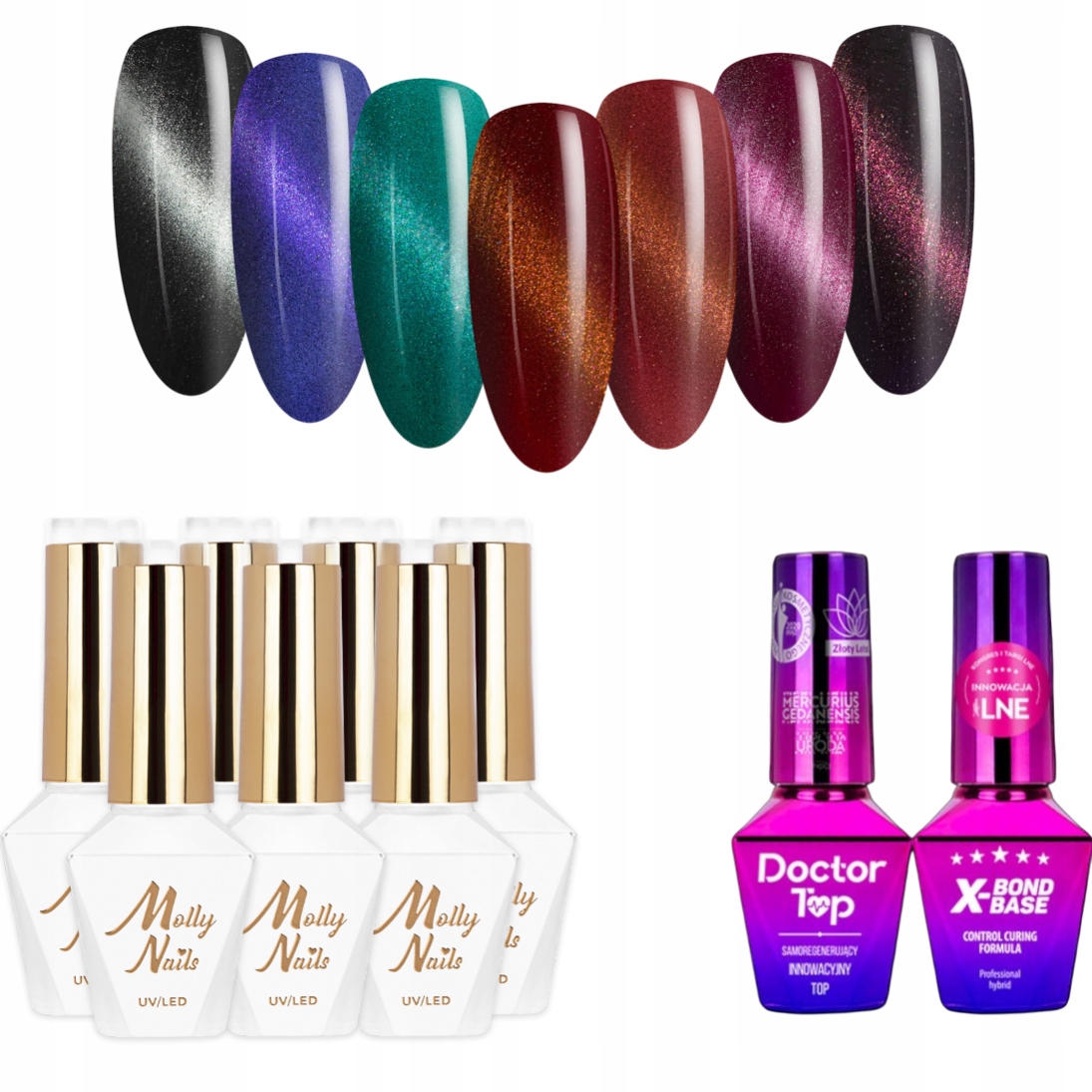 7 x Hybridní lak Mollynails 8 g Cat Eye Seduction Báze Top Set