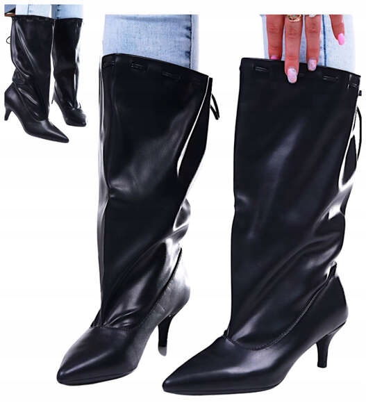 Czarne kozaki damskie ocieplane wygodne buty na niskim obcasie 16755 37