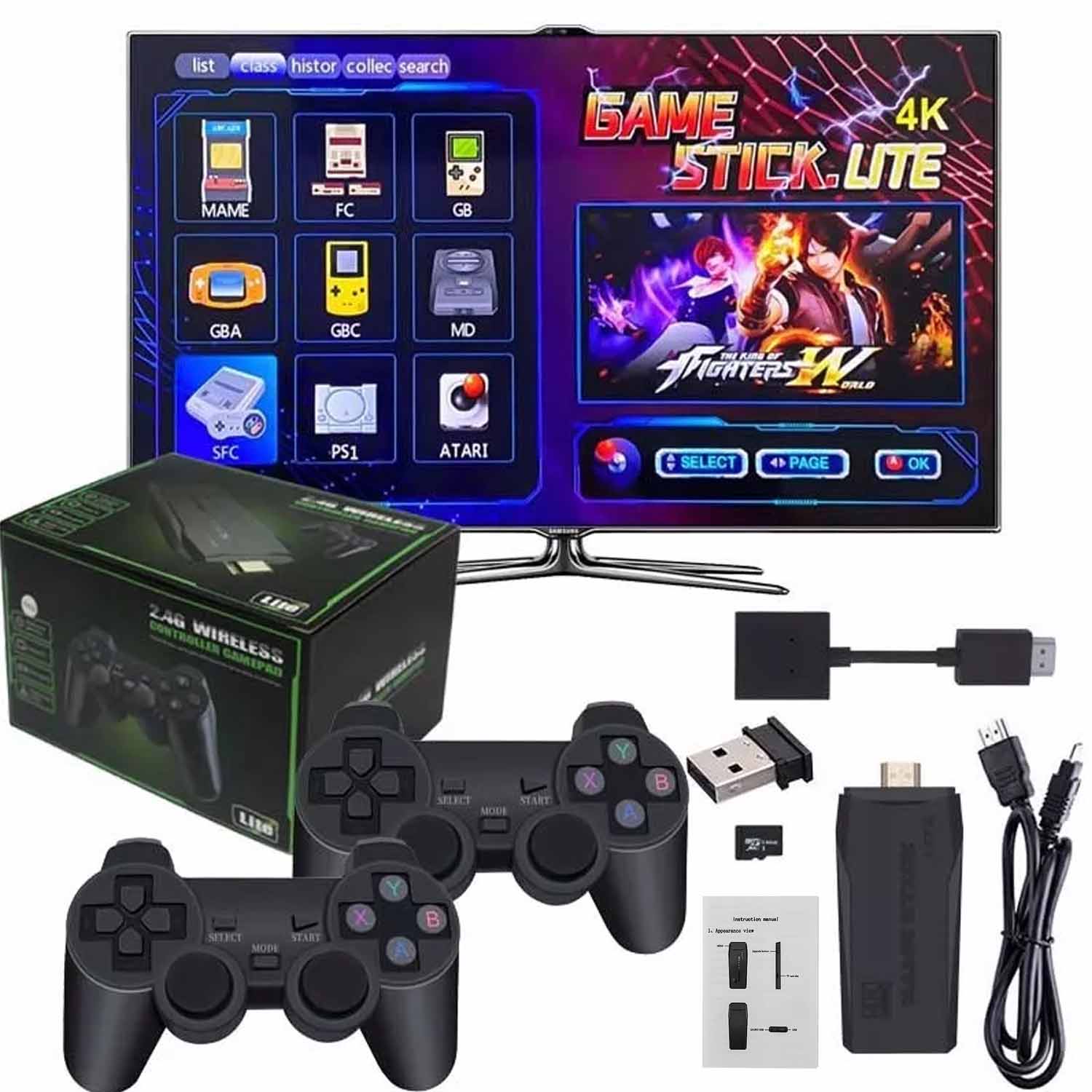 Retro herní konzole 64GB s 4K Hd Tv herní tyčí a 2x ovladačem