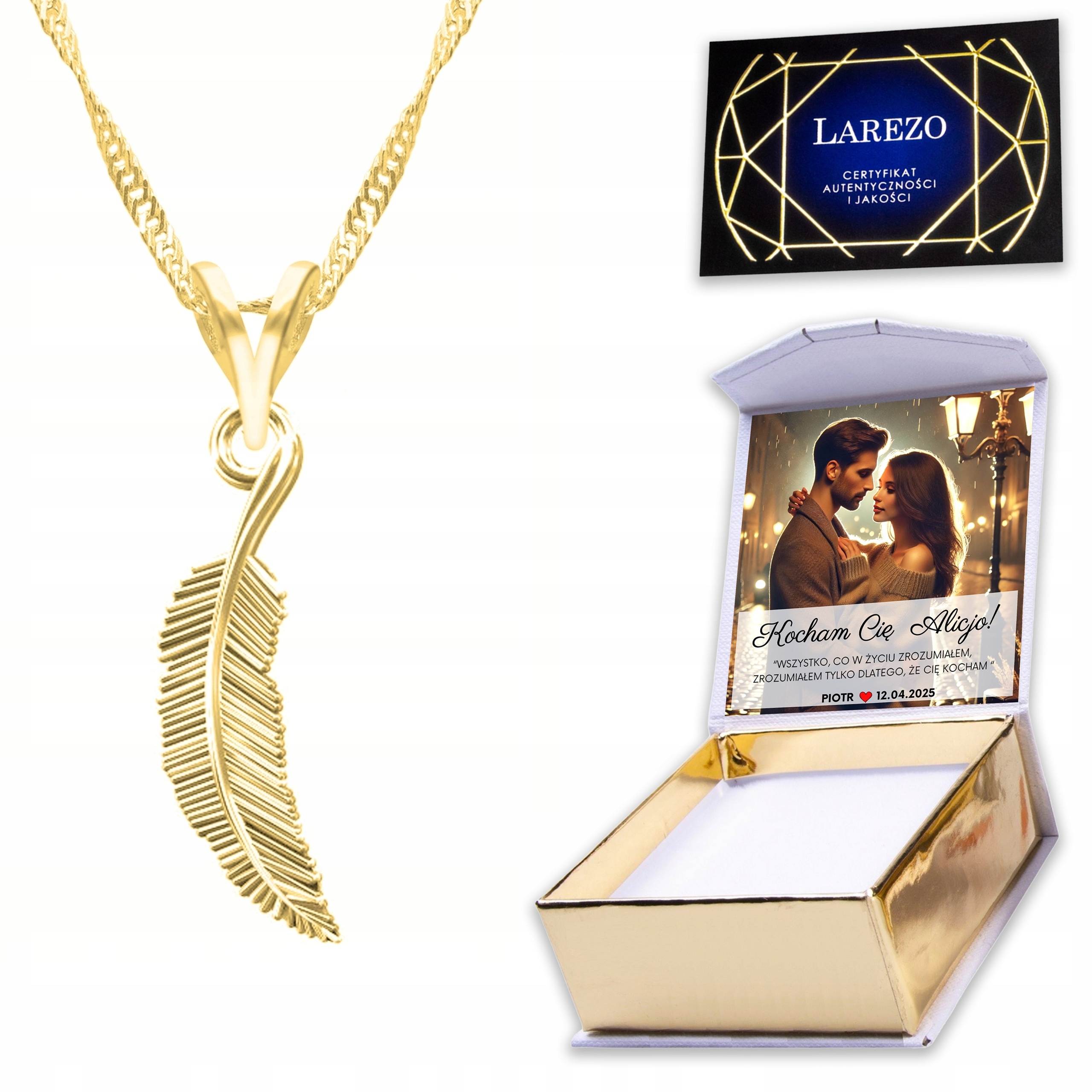 Zlatý náhrdelník 925 s perem a Přívěsek Pero Vlastní Potisk