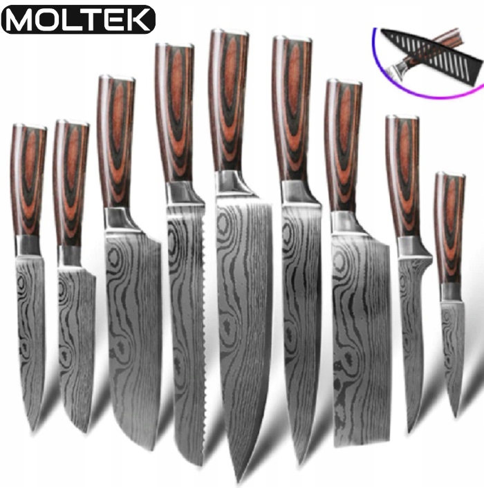 KOMPLET JAPOŃSKICH NOŻY KUCHENNYCH ZE STALI OSŁONKI 10SZT+GRATISY