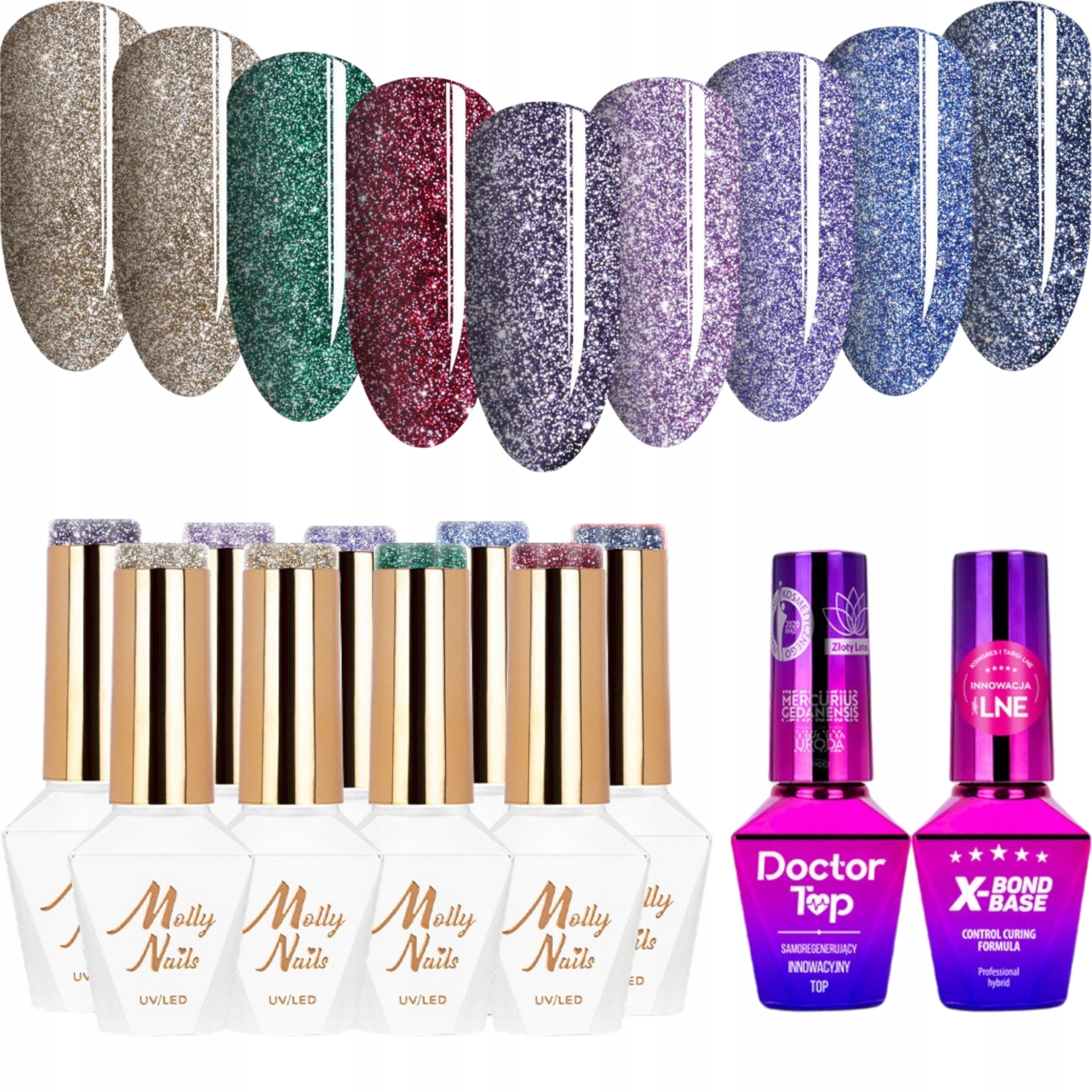 9x Hybridní lak Mollynails 8g Flashing Lights 3 Báze Top Set