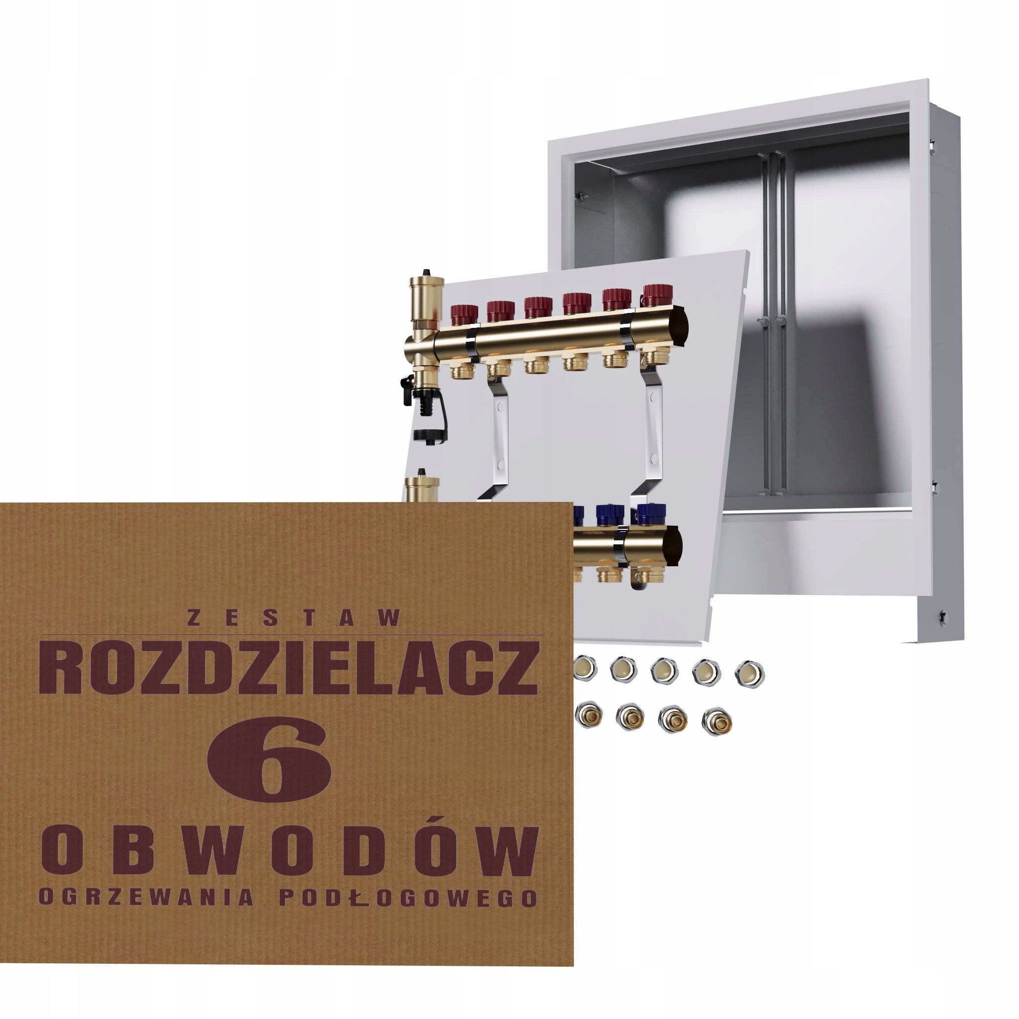 Manuální rozdělovač 6 okruhů pro radiátory podomítková skříňka Pex