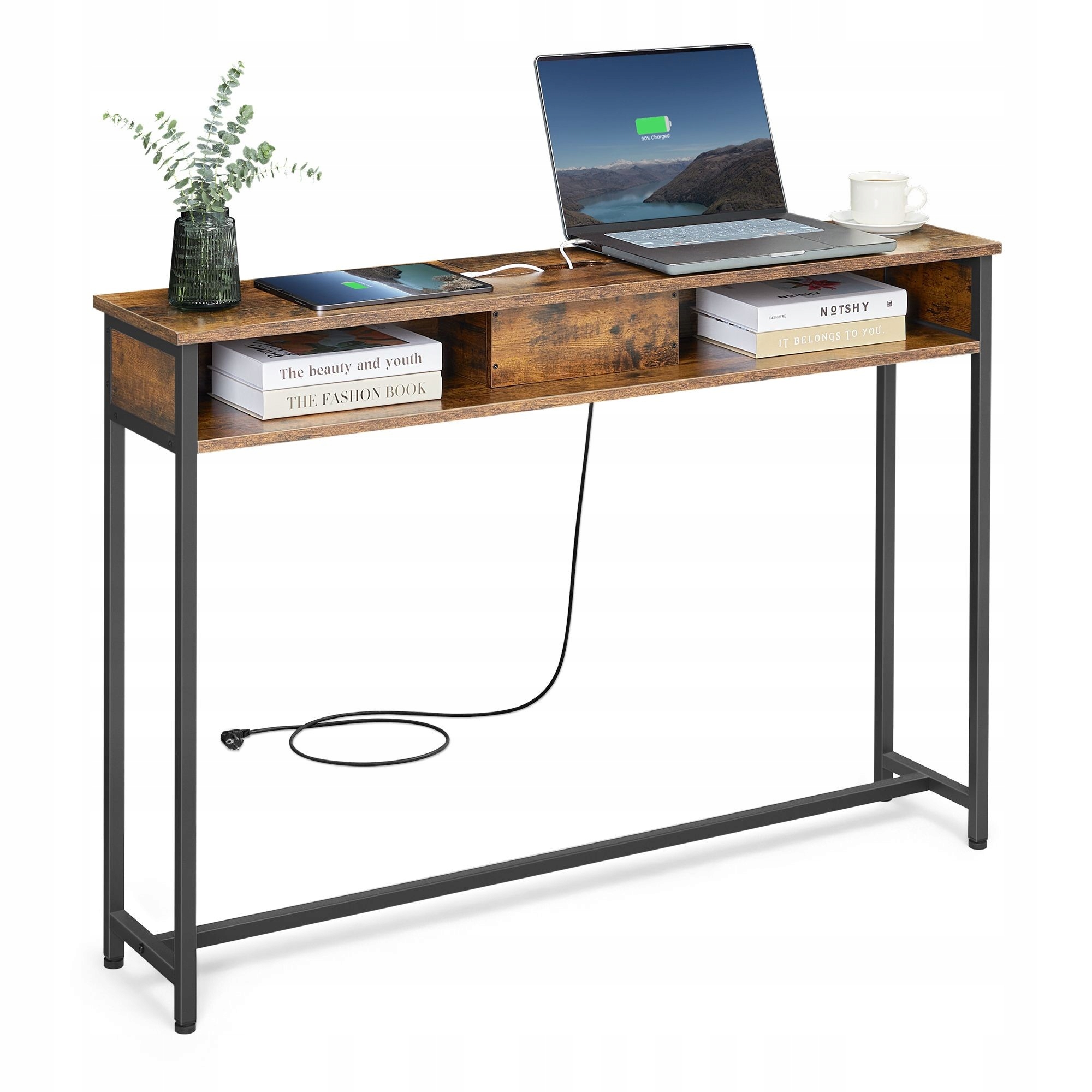 Úzky konzolový stolík v industriálnom štýle so zásuvkou a 2 otvorenými policami