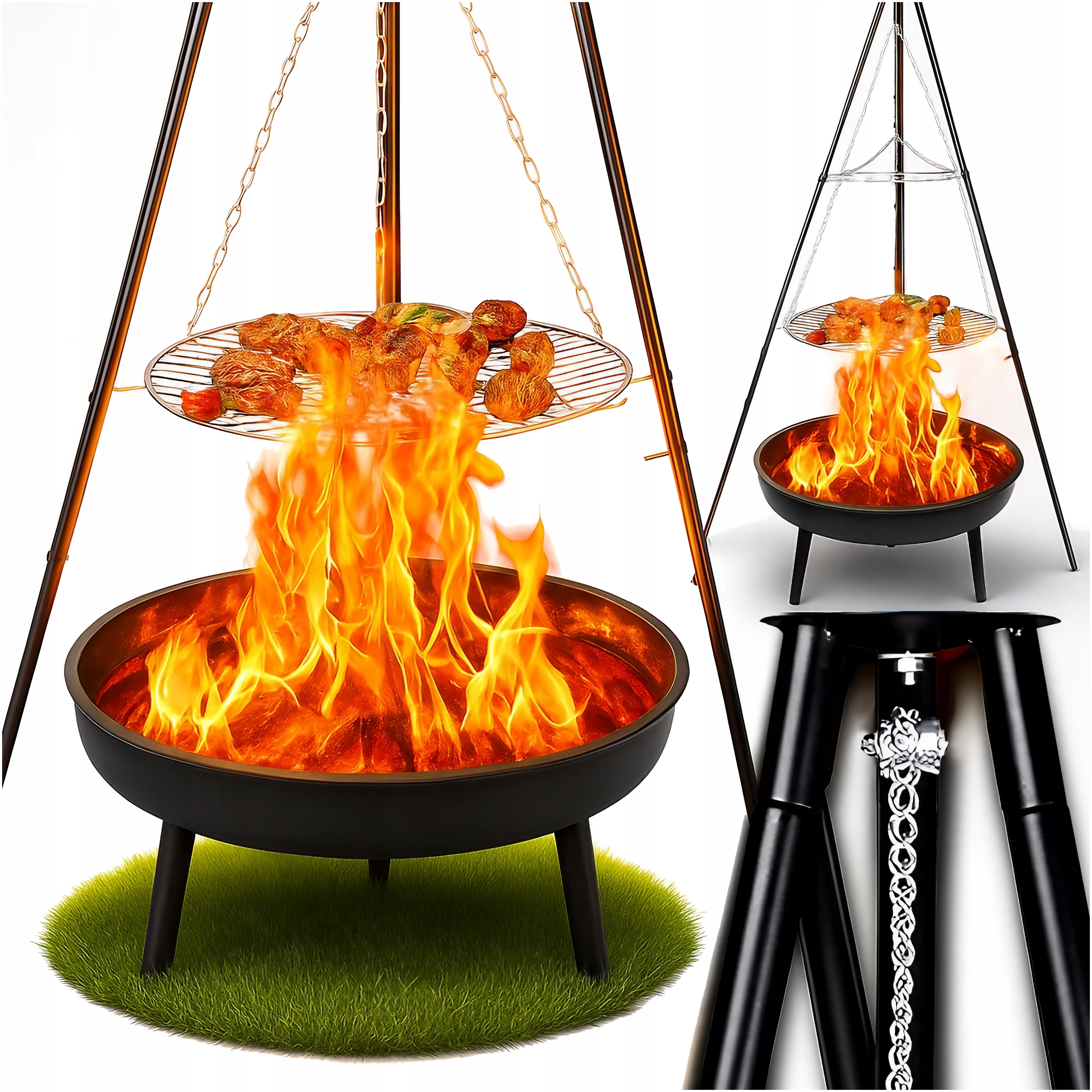 Palenisko Trójnóg Grill Ogniskowy Ogrodowy Wiszący Duży Ruszt 47CM Misa 50C