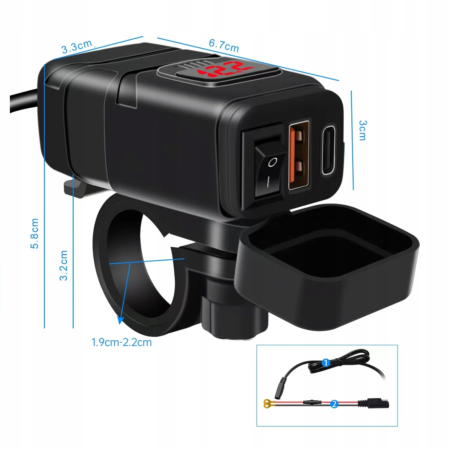 ŁADOWARKA MOTOCYKLOWA WOLTOMIERZ USB USB-C typ C QC 3.0 Waga produktu z opakowaniem jednostkowym 0.1 kg