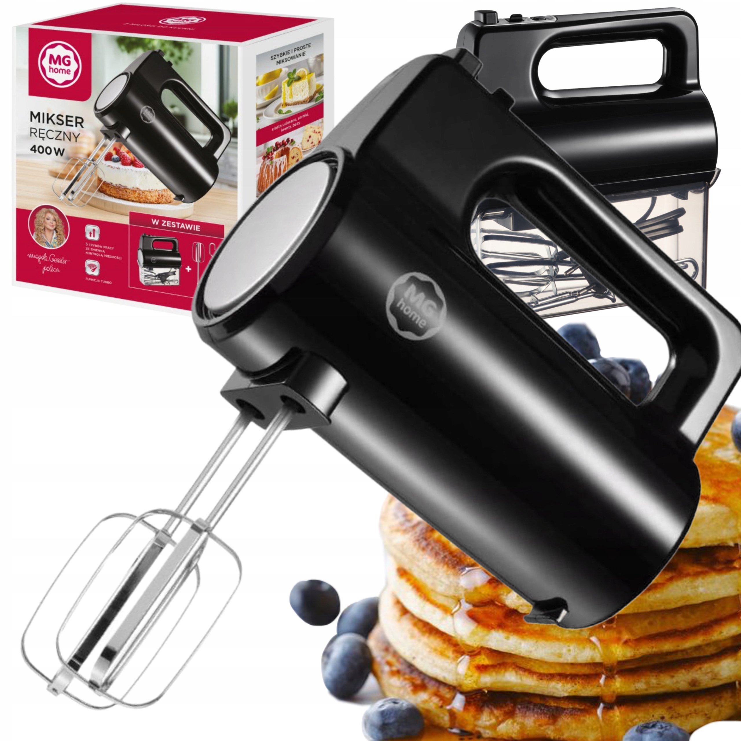 Ruční Mixér Mg Home 400W 2 Šlehací Metly 2 Háky Nádoba Černá 5 Rychlostních Stupňů