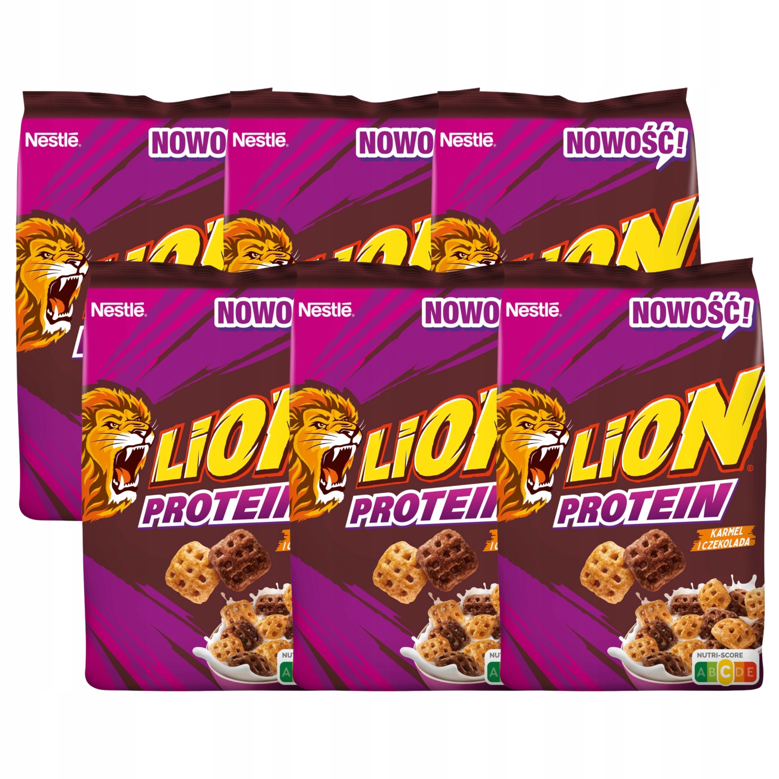 Nestlé Lion Protein Płatki śniadaniowe karmel i czekolada 400 g x6