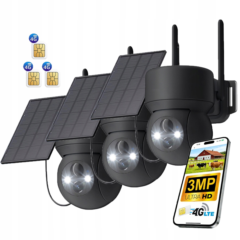 3 kusy Venkovní Solární Ip Kamera Na Sim Kartu 4G Lte Otočná Kamera