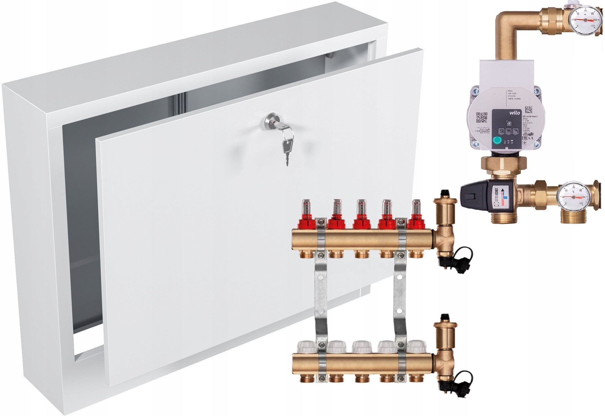 Mosazný rozdělovač pro podlahu 5 s Pumpou Wilo Nástěnná Skříňka