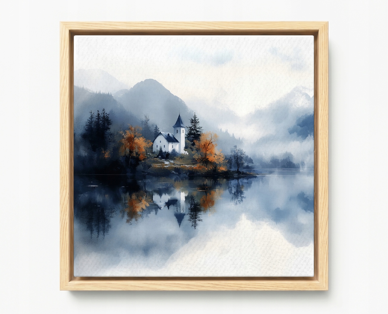 Obraz Rám Americký Box Krajina Hory Jezero Kostel Podzim Les Mlha 60x60