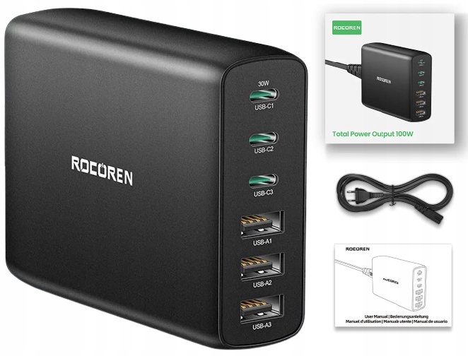 Rocoren Ładowarka 6w1 Zasilacz Stacja Ładująca GaN 3x Usb 3x Usb-c Pd 100W