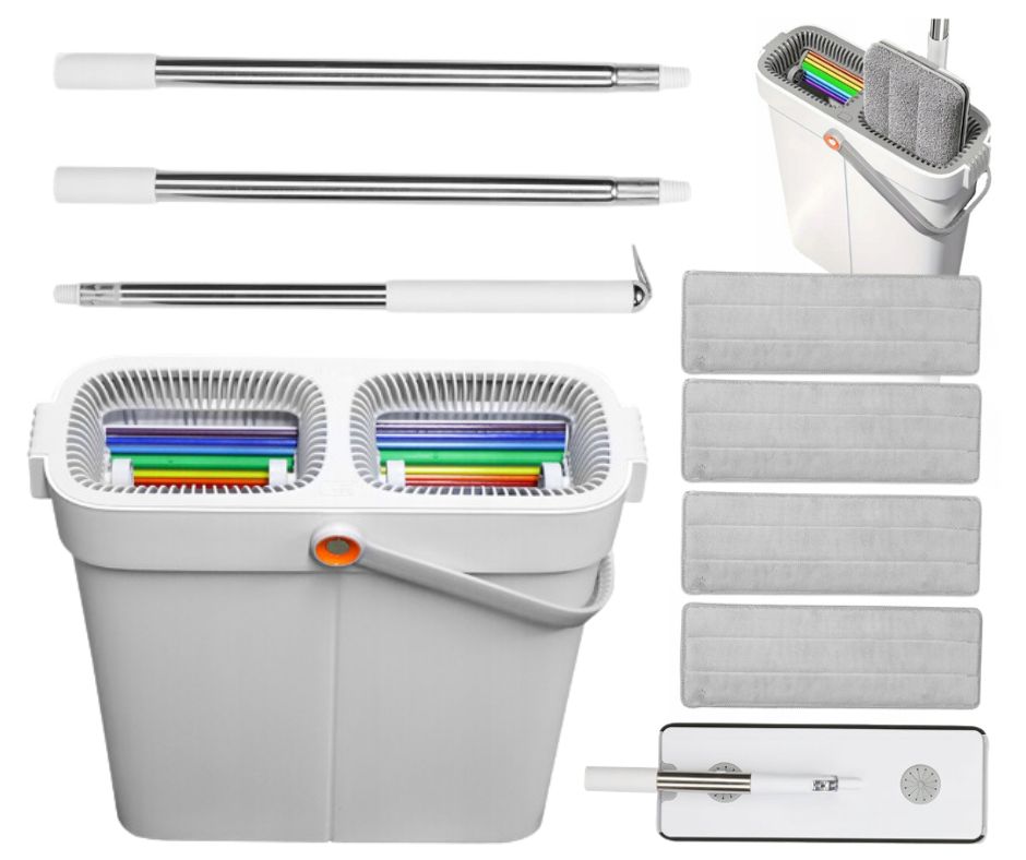 Levně Plochý Mop Joybos 41 CM Dvoukomorový Kbelík Se Ždímačem 4 Náplně