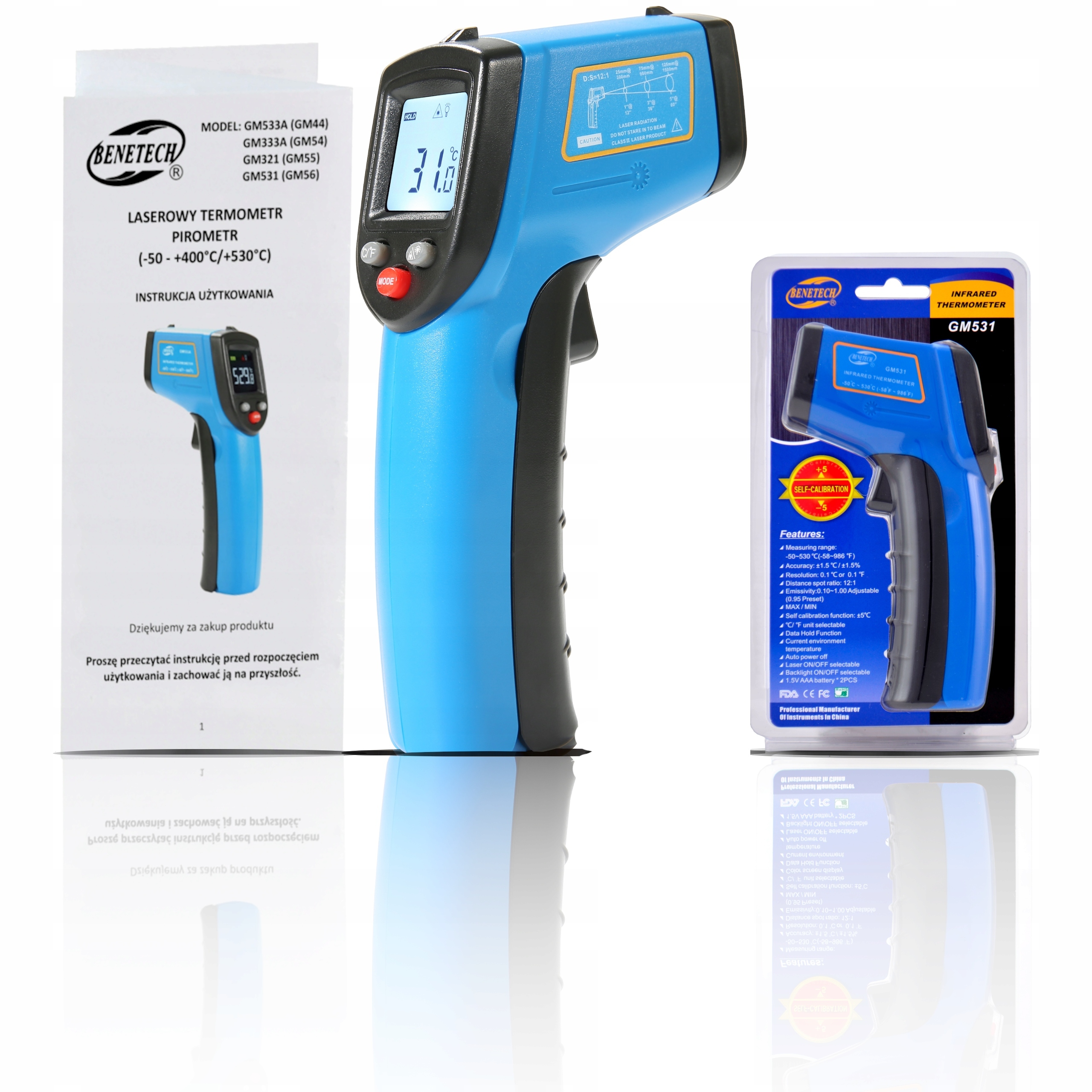 

Bezdotykowy Termometr Pirometr (-50 +530°C) LCD