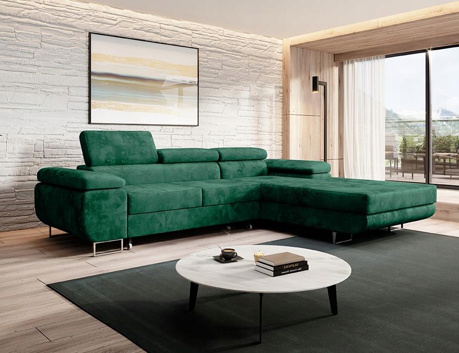 Moderní pravý rohová sedací souprava s funkcí spaní Norberg velurová zeleň barva.