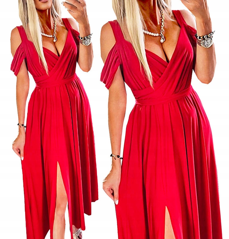 Sukienka Długa Na Wesele Czerwona Gładka Maxi Z Rozcięciem