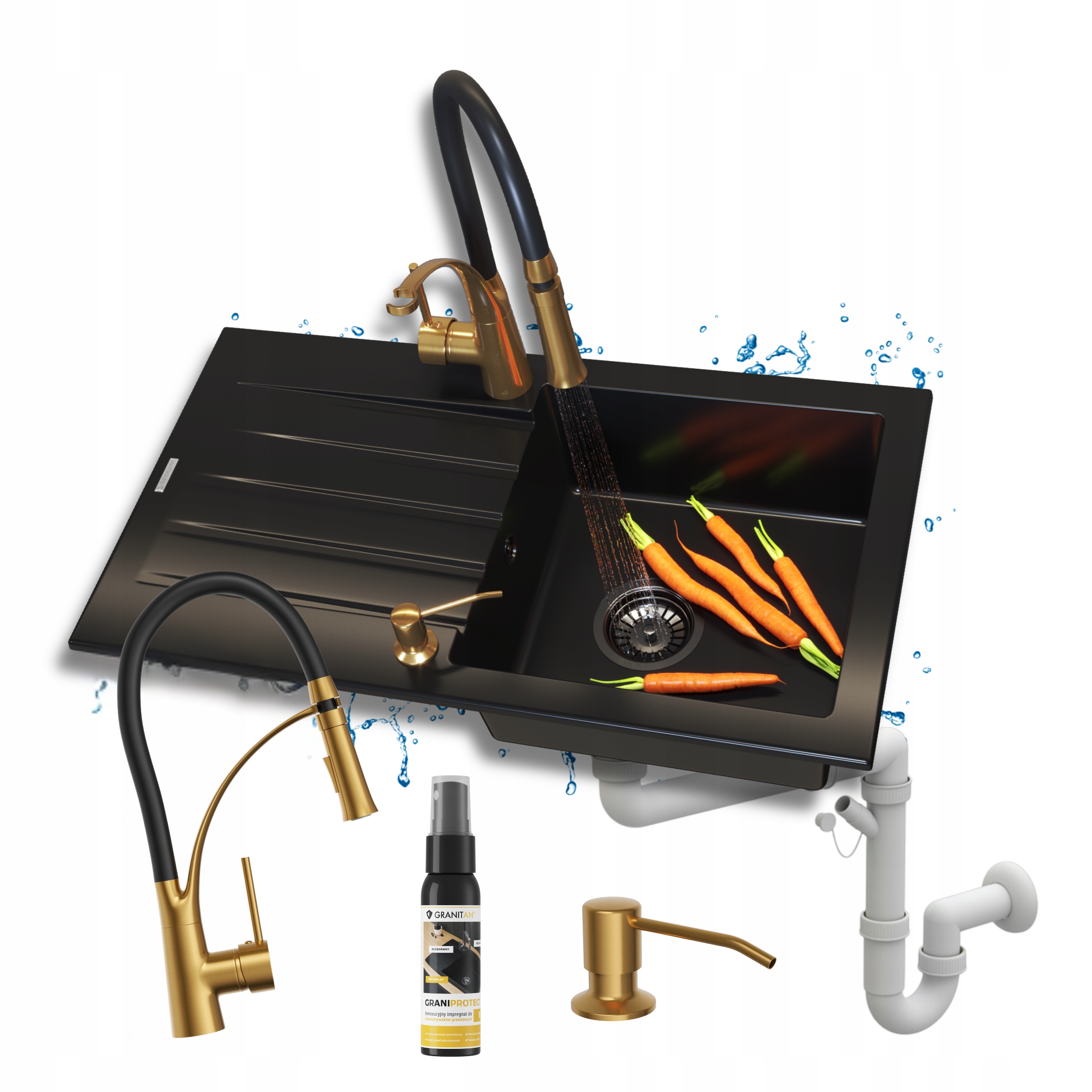 Granitový drez Melgar jednokomorový čierny Sada batérií Dávkovač 5v1