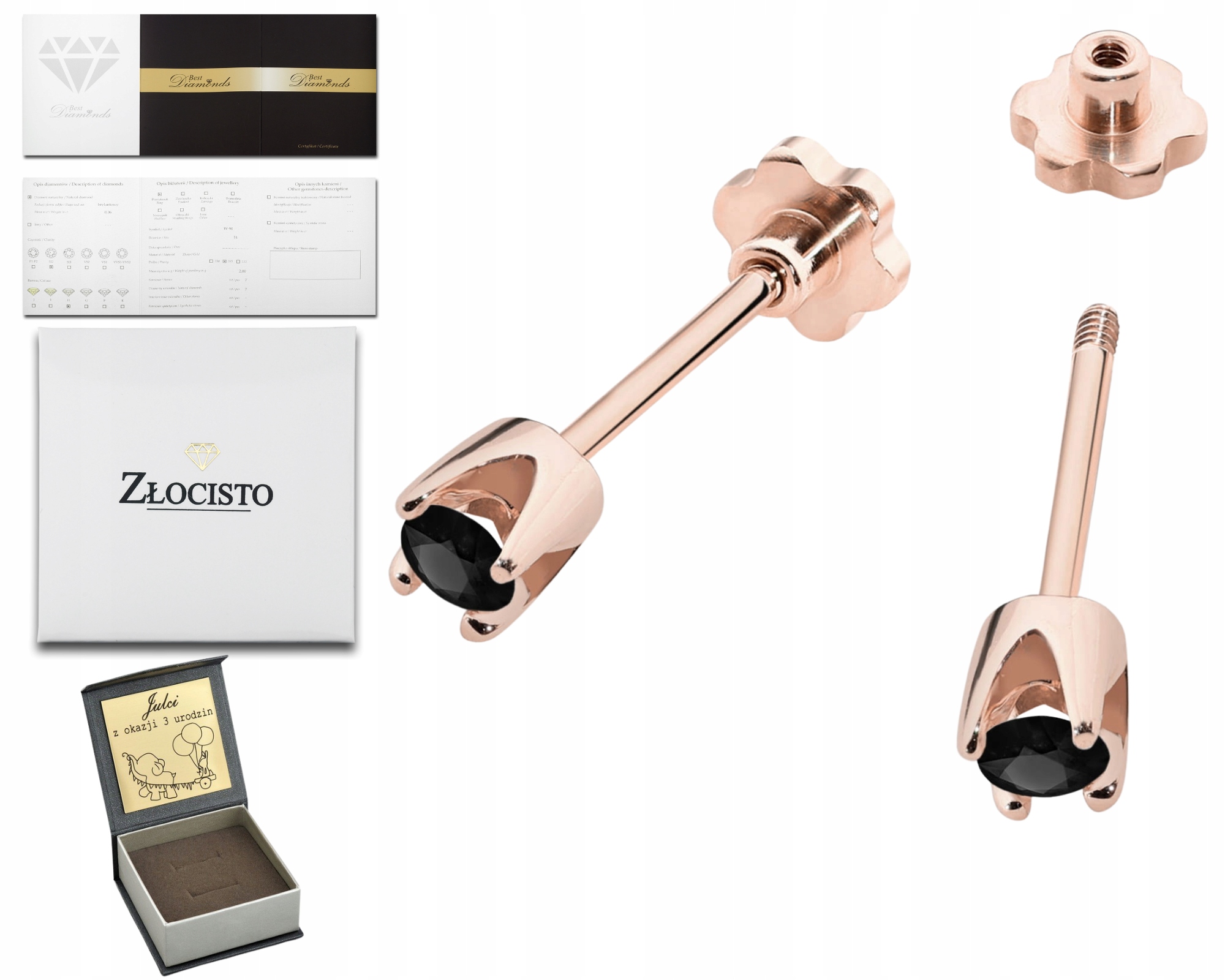 Růžové Zlato Náušnice S Černými Brilianty, Šroubovací Tyčinka Zlato 585