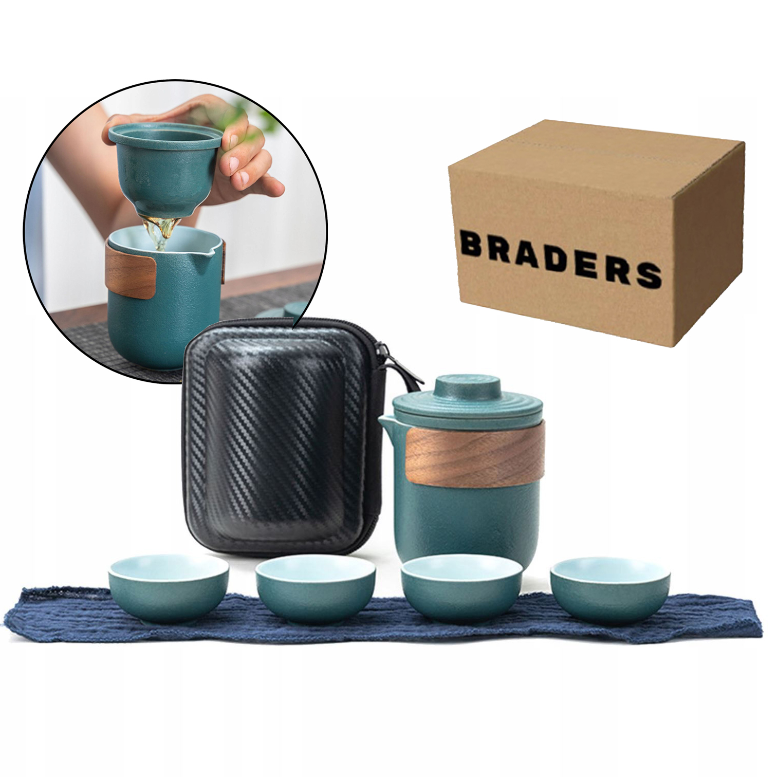 Zelený cestovní čajový set s konvičkou a 4 šálky