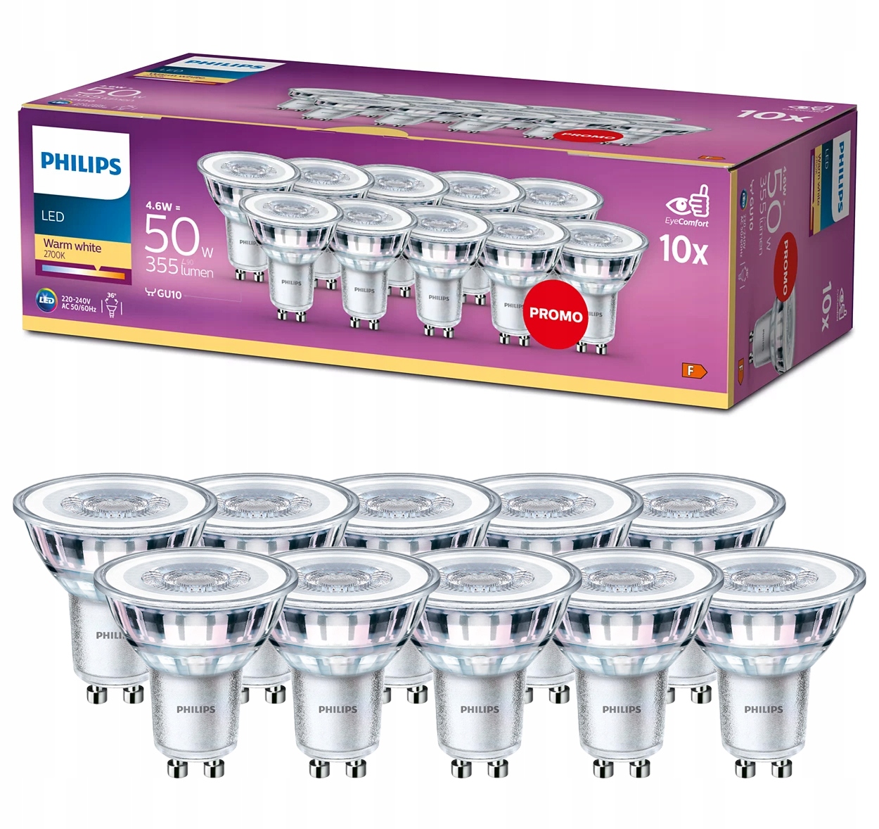 Philips Zestaw 10x Żarówka Led GU10 4,6W 50W 2700K Ciepła 355lm 36° 230V