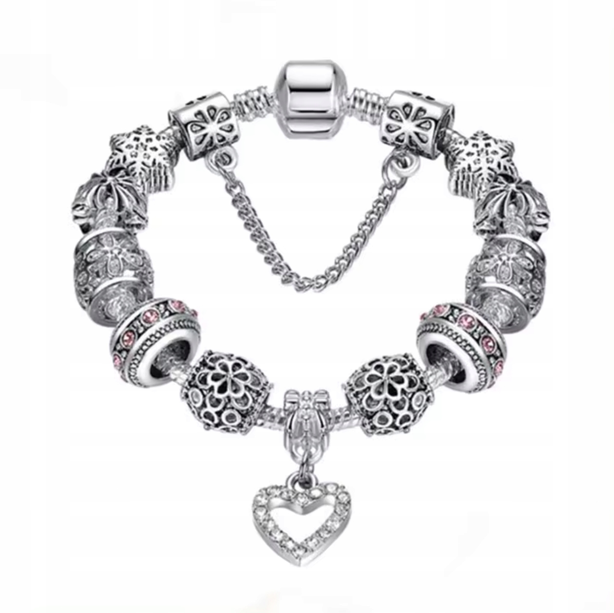 Stříbrný náramek Charms Beads Turmalín Zirkony Srdce Sněhové vločky