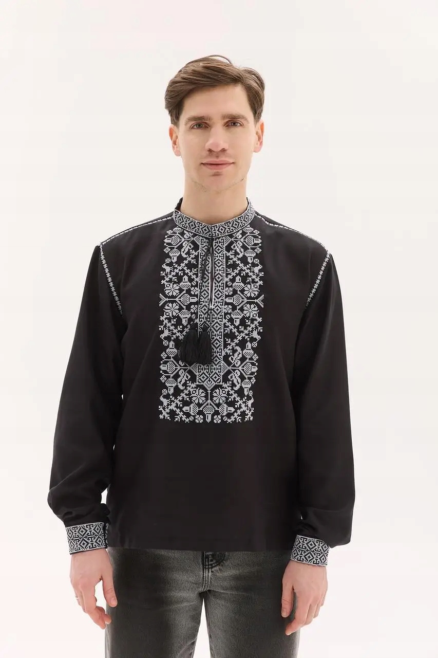 Pánská lidová košile, černá lidová košile s křížkovou výšivkou, symbol dubu, 3XL