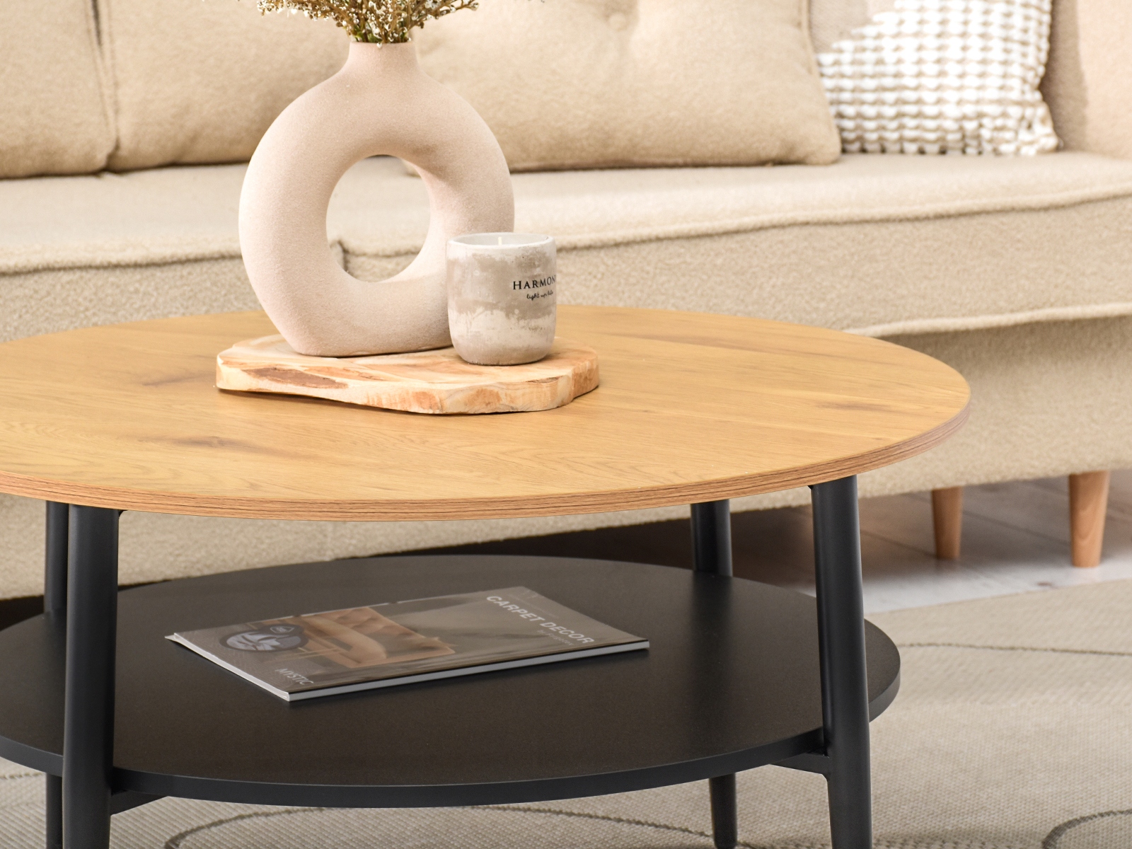 DĘBOWY STOLIK Z PÓŁKĄ DO SALONU 80x80 cm RENNE XL Kolekcja Renne