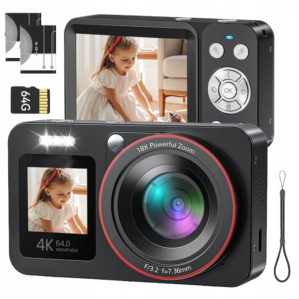 Digitální Fotoaparát S Automatickým Ostřením A 18X Zoomem 4K+64 Gb