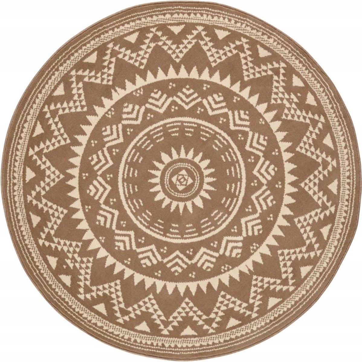 Kulatý moderní koberec do obývacího pokoje, hnědo krémový vzor Mandala 140 Cm