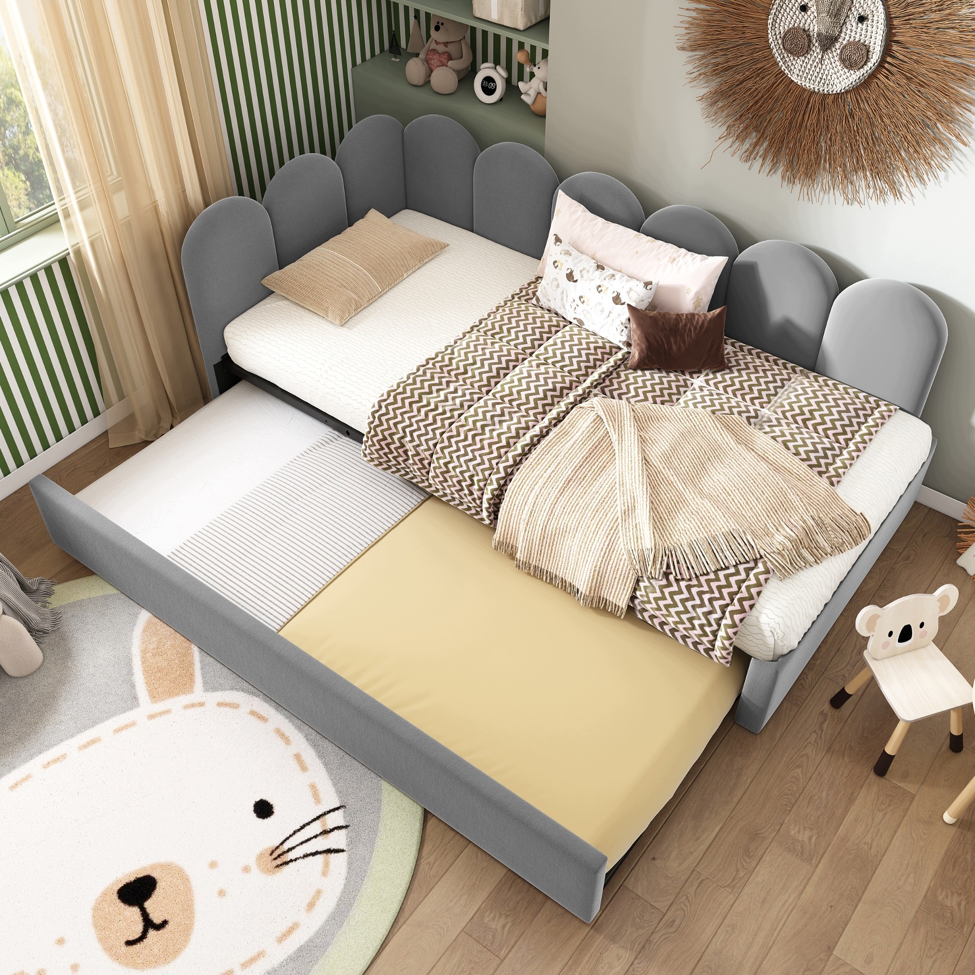 Łóżko Tapicerowane 90x200 z Wysuwanym Łóżkiem 90x190 Sofa Szare