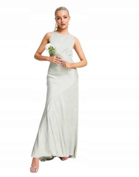 Zielowa satynowa suknia maxi dla druhen S