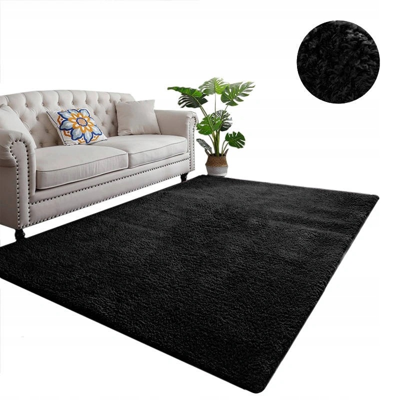 Koberec 140 x 200 cm, černý měkký, příjemný na dotek, do obývacího pokoje a