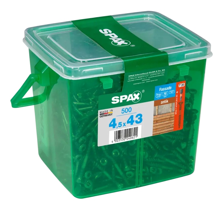 Skrutky Spax do fasádnej dosky 4,5x43 mm, A2,TX staré zlato, vedro 500ks