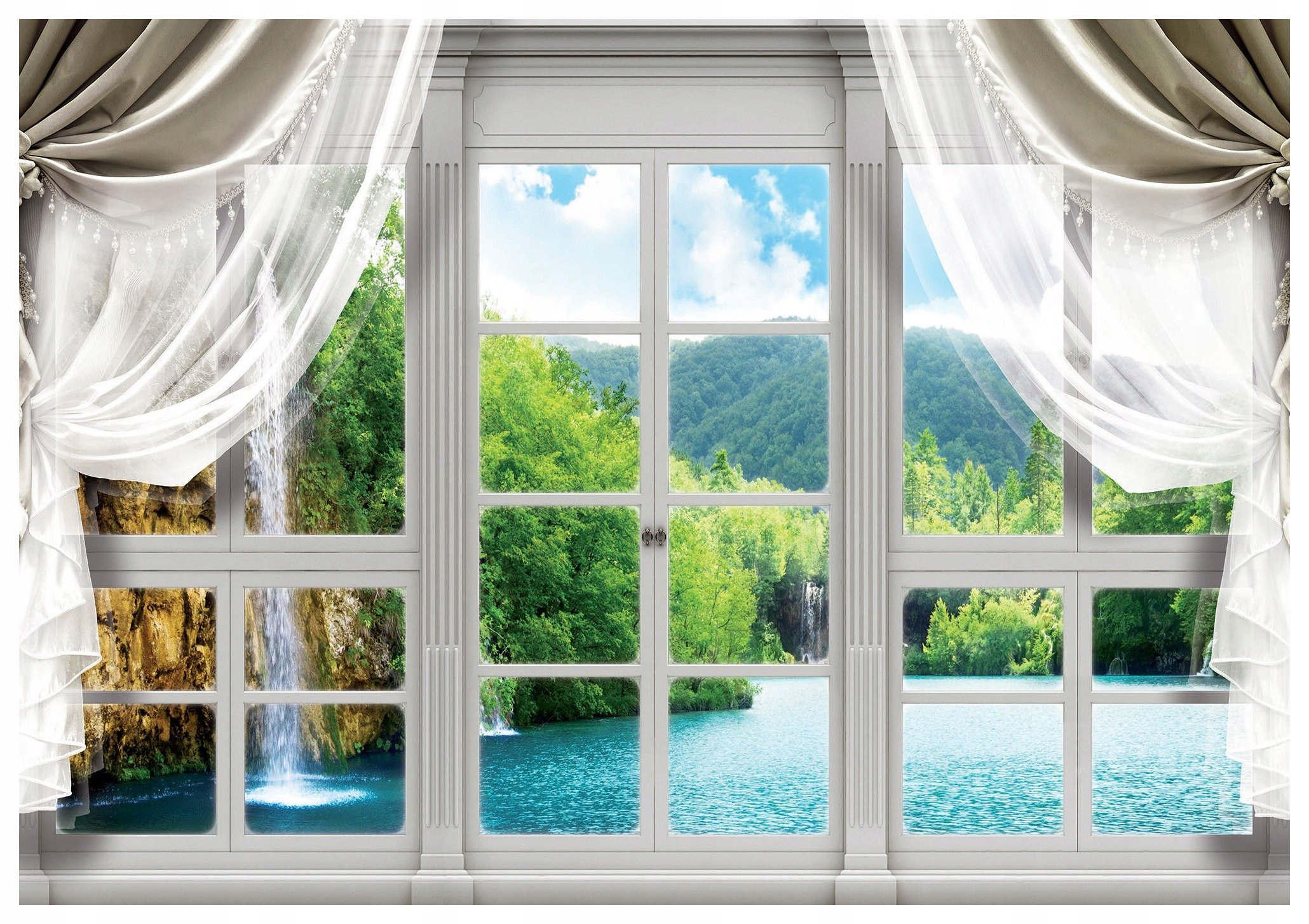 Fototapeta Rám Okno Krajina Jezero Vodopád Hory Příroda 416x290 lepidlo