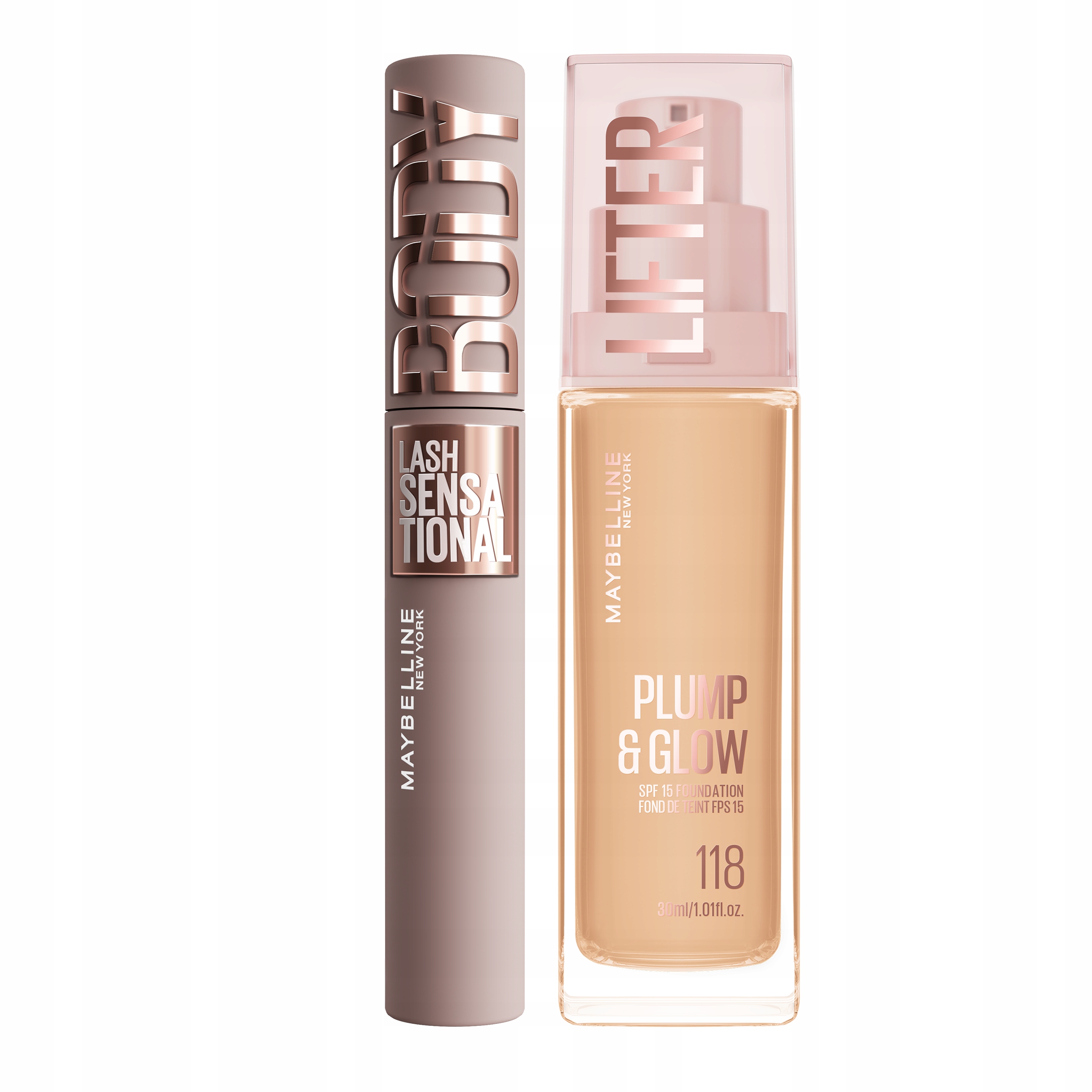 Zestaw Maybelline Body Tusz LashSensational Podkład 118 Lifter Plump&Glow
