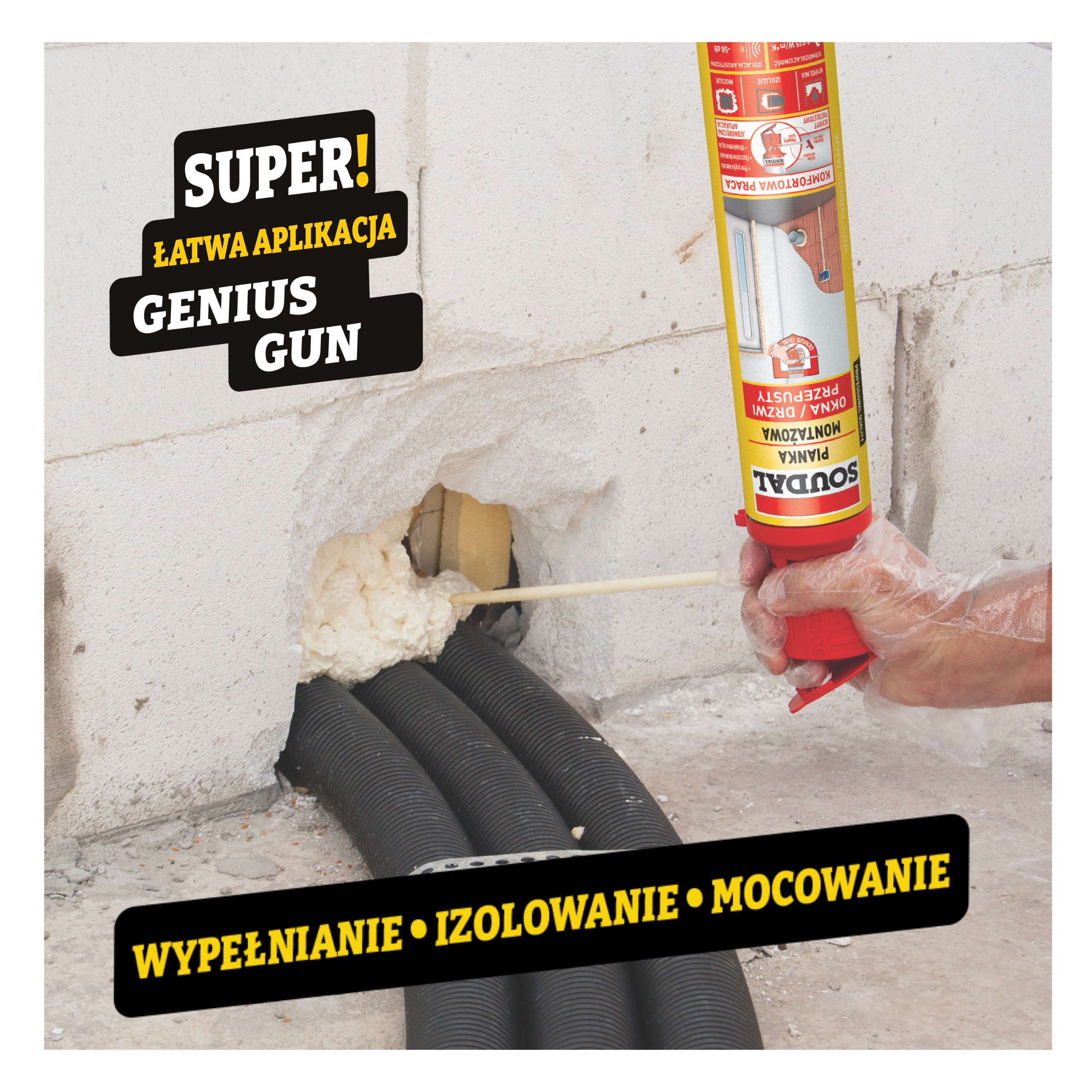 Pianka montażowa Soudal z aplikatorem Genius Gun 770ml nie wymaga pistoletu