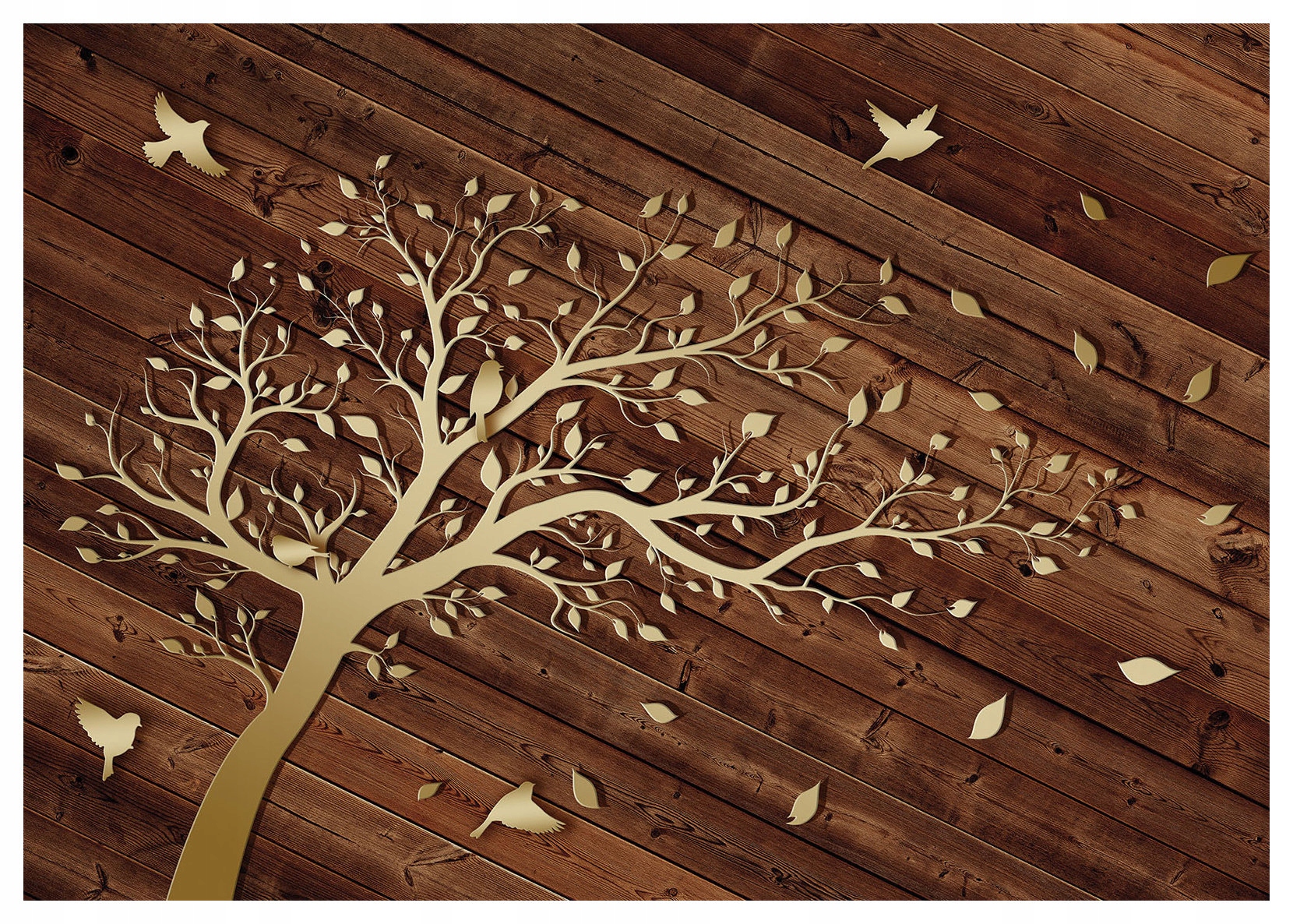 Vliesová fototapeta Zlatý strom vtáky listy do obývačky 300x210 lepidlo