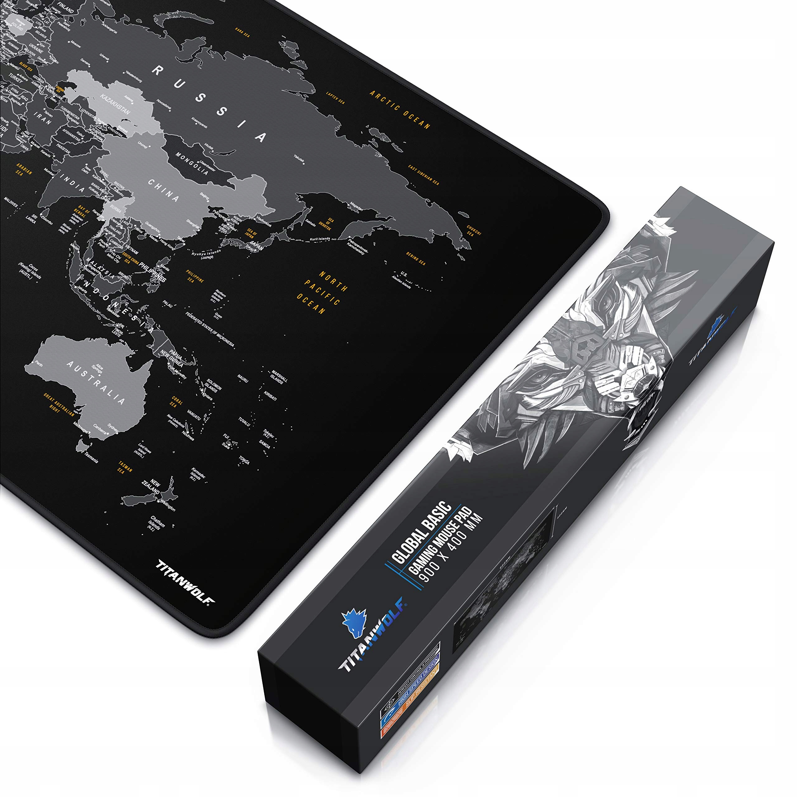 TITANWOLF Podkładka Gamingowa XXL 900x400 mm Mapa Świata Czarna — miniatura 6