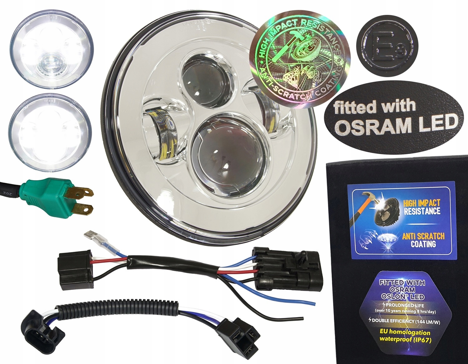 7-palcová Led lampa Osram 144 lm/W Anti-Scratch E, predná homologácia pre Harley