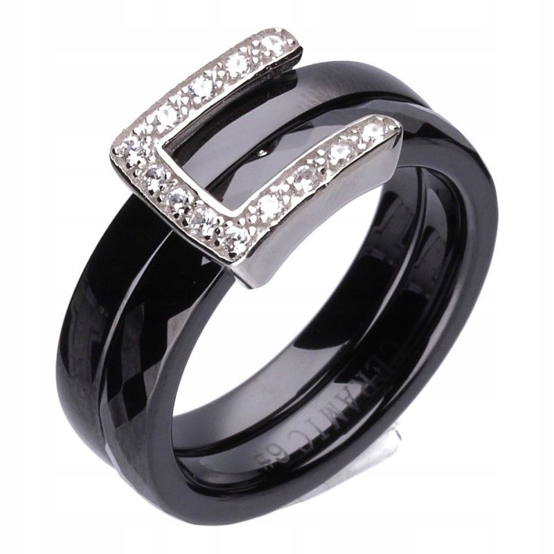Dámský stříbrný Keramický prstýnek 925 černý s módními zirkony r16