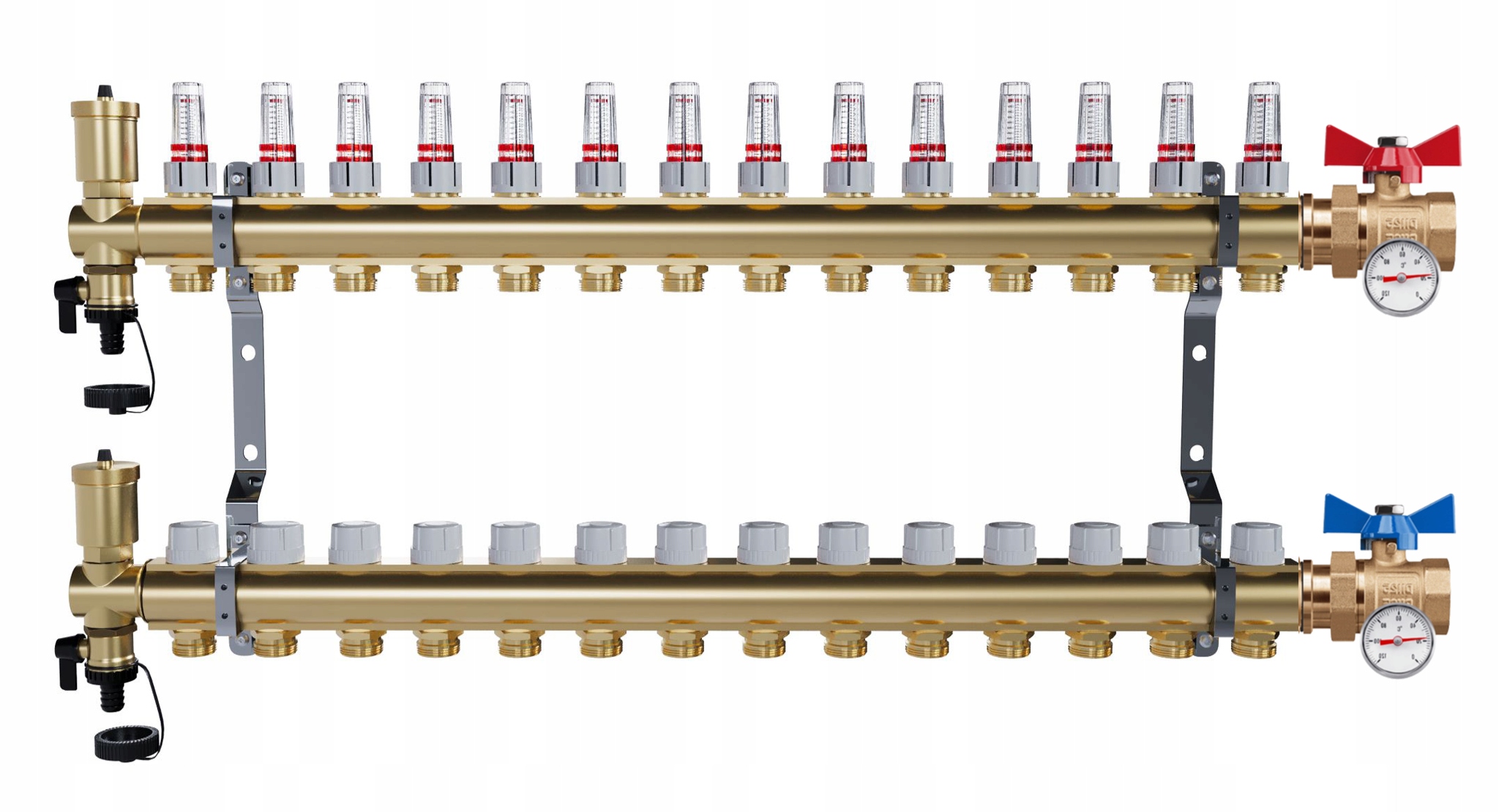 Rozdělovač Pro Podlahovku 14 Okruhů Jednoduchý Kulový Ventil Teploměr
