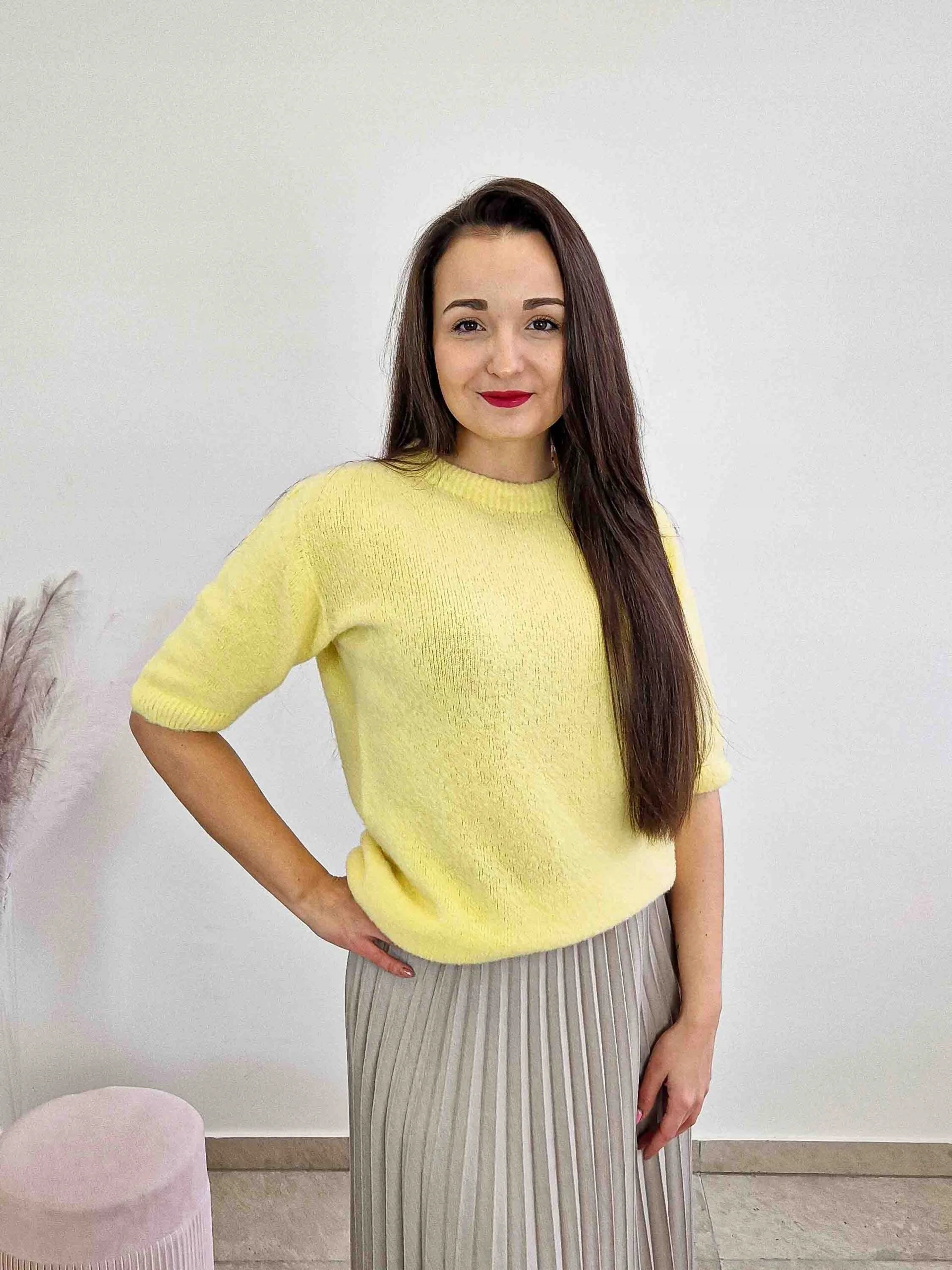 Luxusní dámský svetr s Baby Alpakou a pologolfem Žlutý Uni