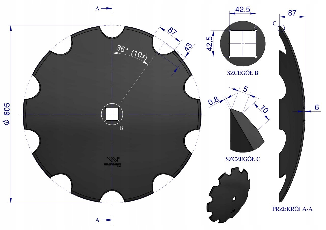 Talerz uzębiony Z-10 fi 610 otwór 40x40 grubość 6 mm stal borowa WARYŃSKI R Producent części Waryński